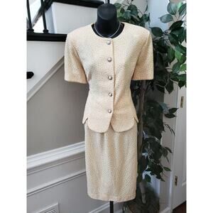 Leslie Fay Skirt Suit Set Women 10 Beige Glitter Dots Short Sleeve Button Front